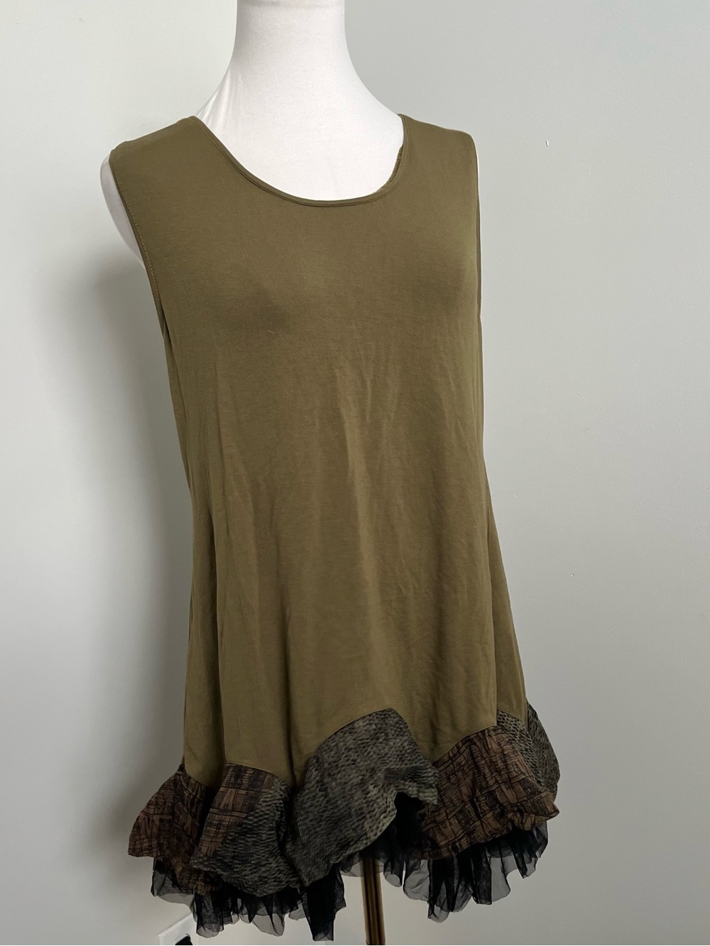 Olive Boho Tunic Dress Patchwork Ruffle Hem Fairycore Flowy 2 - Picture 3 of 7